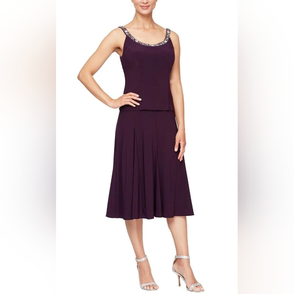 Alex Evenings Size 14 Purple Crepe Rhinestone Scoopneck Drop Waist Midi Gown NWT